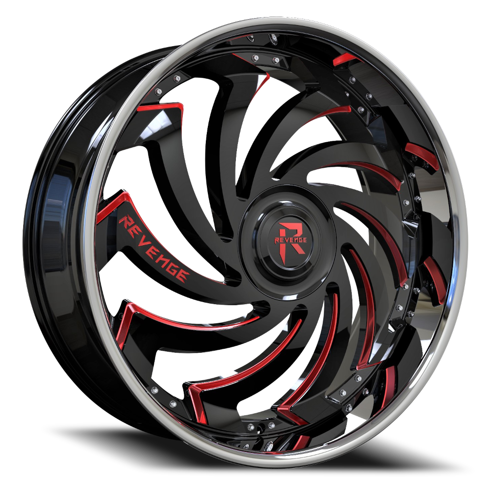 Revenge Wheel RL108 Black w/Red Milled & Chrome SS Lip-Big Floater Cap Special Edition 